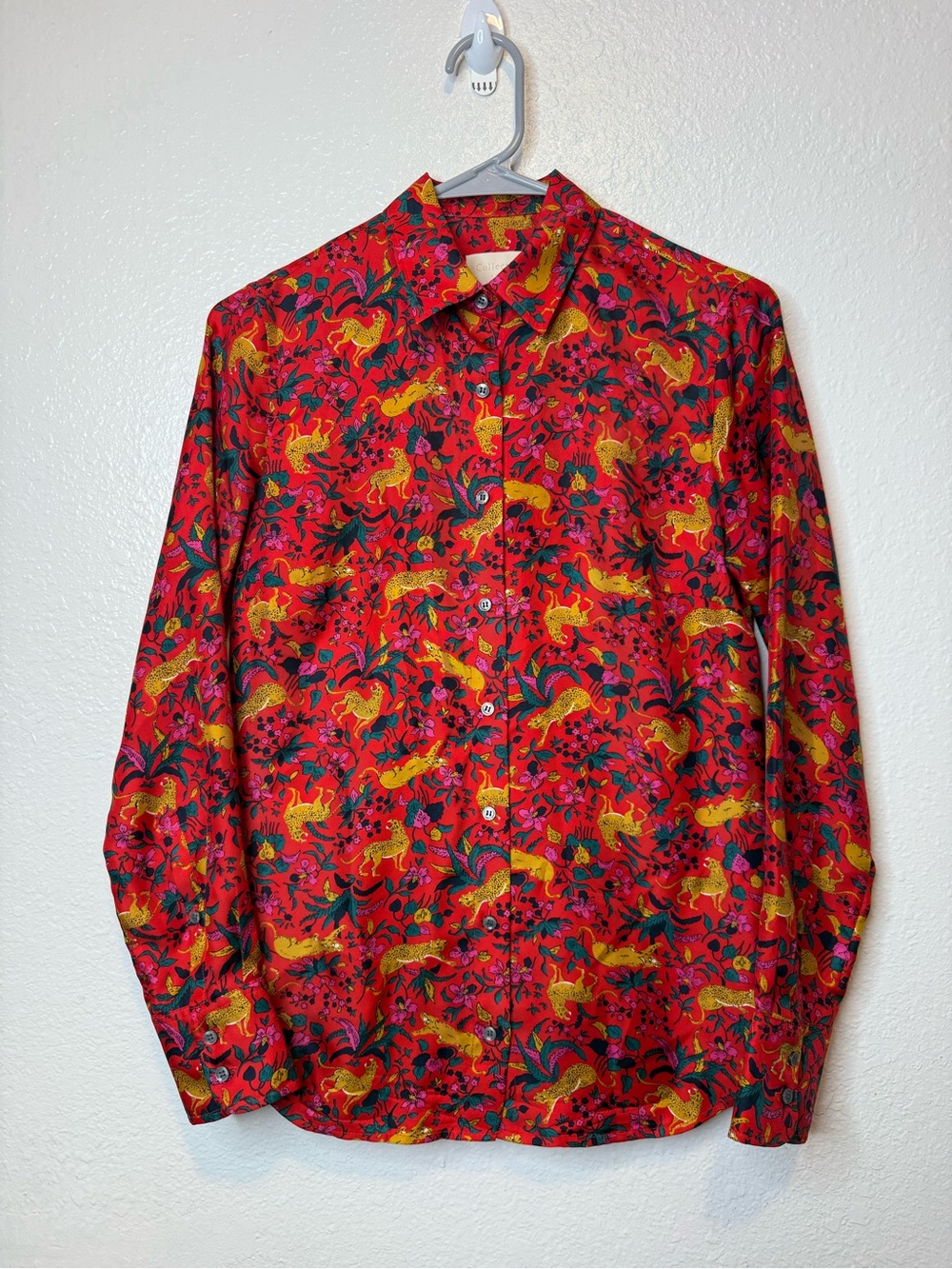 J. Crew Collection Silk Twill Jungle Cat Long Sleeve Button Up Blouse Size 0 Cat